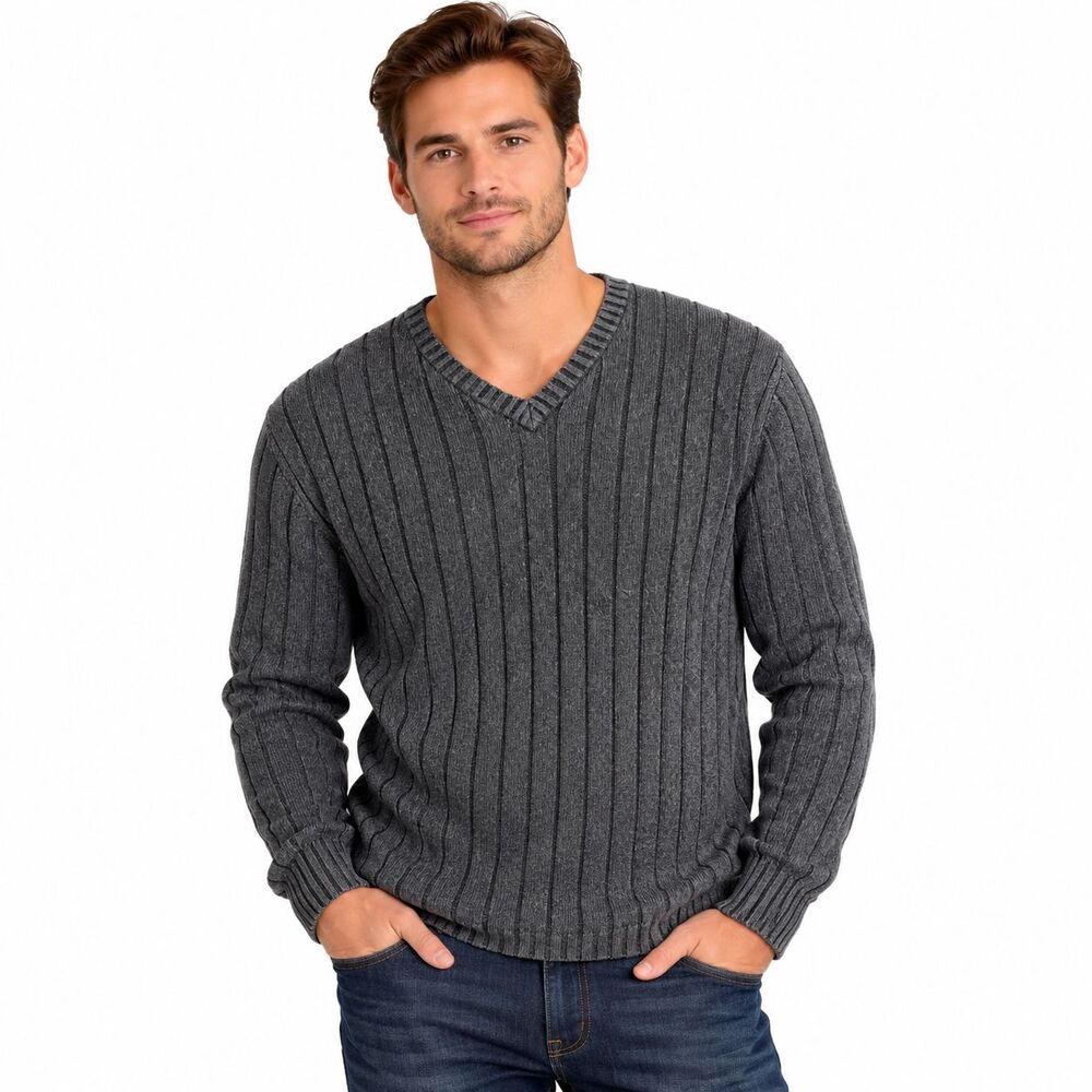 Tommy Hilfiger Denim Men XXL Gray Ribbed V Neck Sweater 100% Cotton Preppy